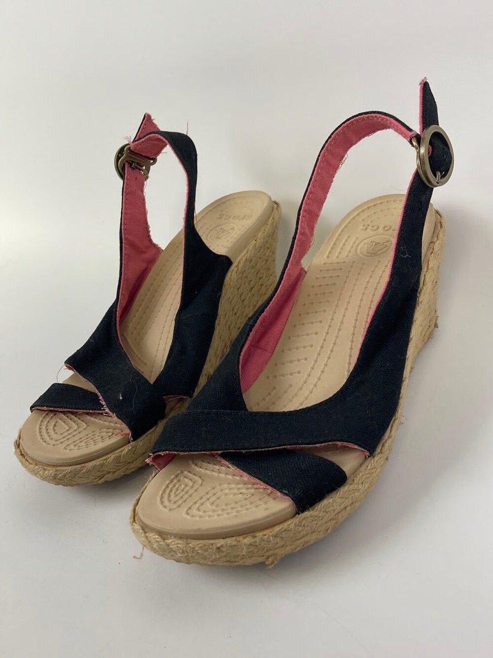 Crocs Wedge Sandal Womens 6 Black Canvas Linen Espadrille Heel Slingback A-Leigh